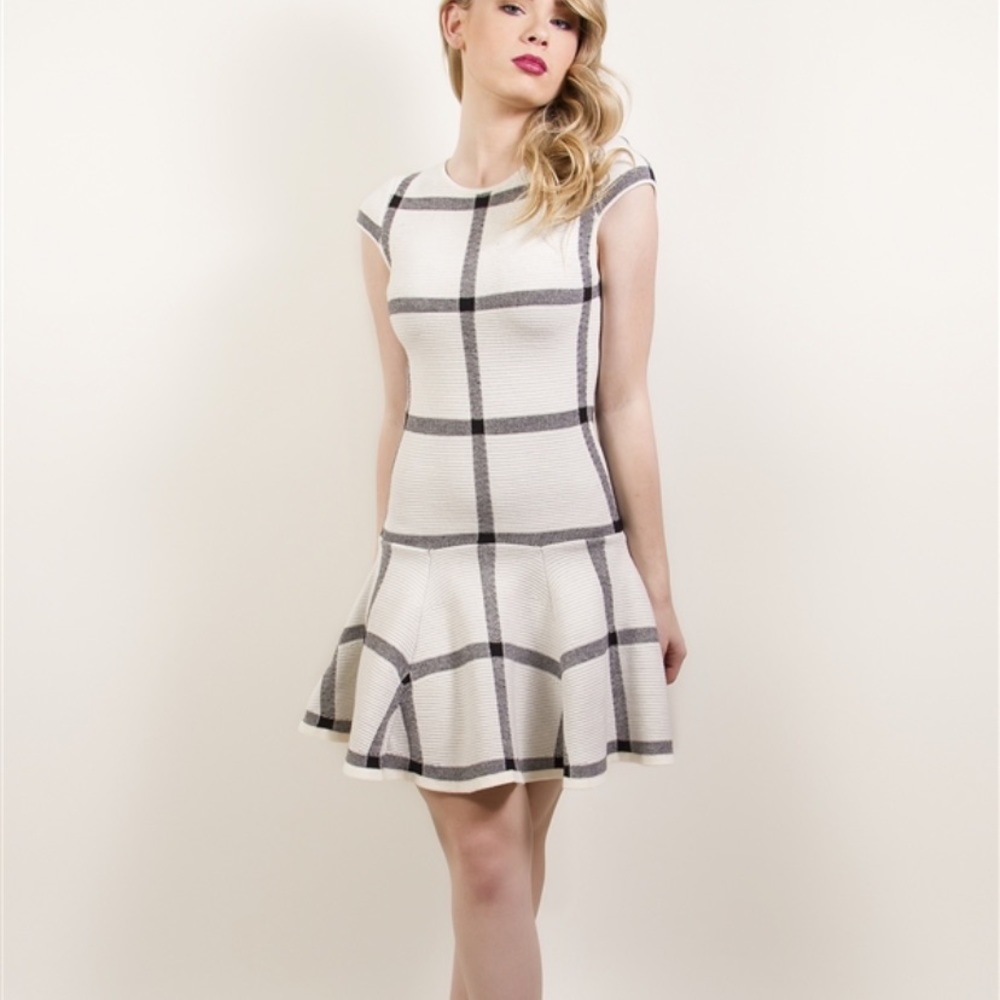 Alice + Olivia Selma Plaid Drop Waist Dress White Ruffle